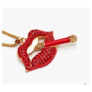 Betsey Johnson Smokin Lips Red Rhinestone Necklace Gold Tone Chain Statement NWT